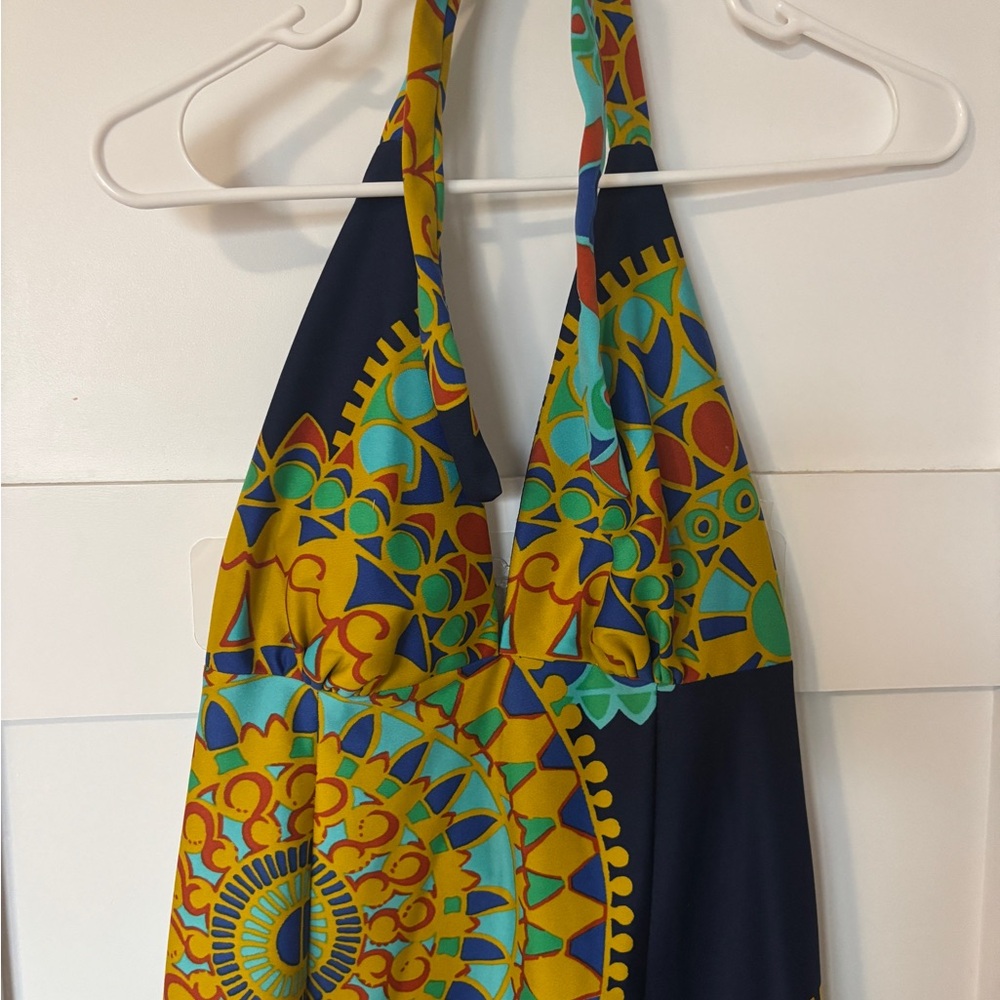 70s Vintage Caron International - Multicolor Halter Dress in Navy, Teal & Yellow